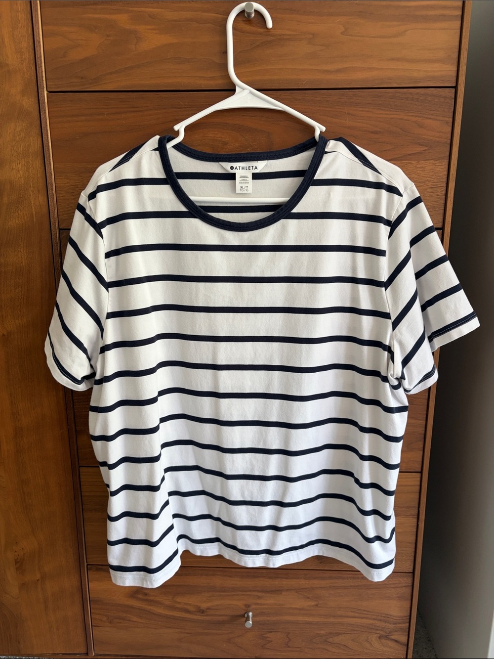 Athleta White and Navy Striped Short-Sleeve Crew Shirt